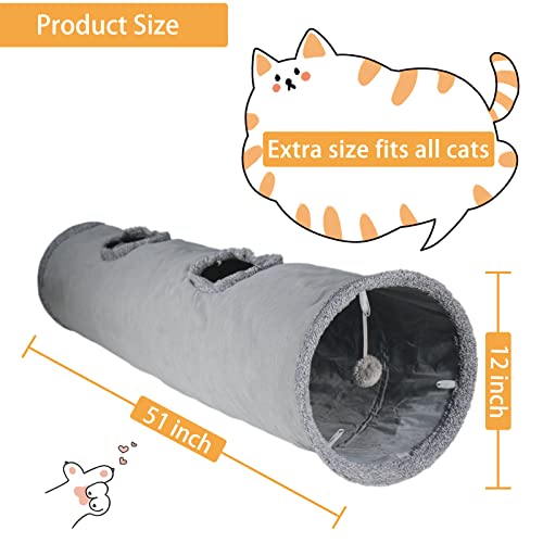 Cat Tunnel for Indoor Cats, 51×12 inch Foldable Big Cat Tunnel, Grey Suede Pet Tunnels with Two Peepholes and  - view 5