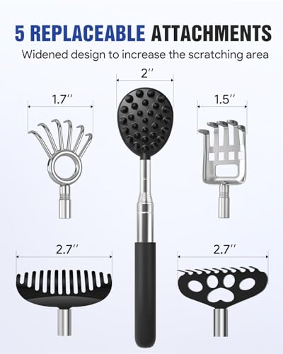 Gelibo Telescoping Large Back Scratcher with 5 Detachable Heads,Rubber Handles Gifts for Him, Gifts for Men, E - view 6