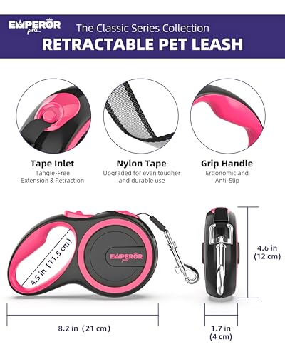 Emperor Pets Pink Heavy Duty Retractable Dog Leash 26 ft – Tangle-Free Nylon Tape, Anti-Slip Grip, Reflective  - view 3
