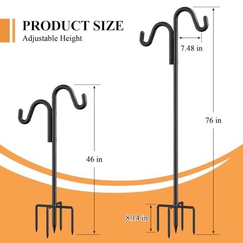 76" Double Hooks Heavy Duty Adjustable Bird Feeder Pole with Sturdy 5-Prong Base, Height Adjustable Shepherds  - view 3