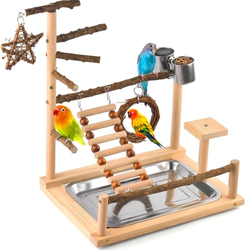KATUMO Bird Playground - Natural Wooden Perches Parakeet Ladder Conure Swing Bird Cage Accessories with Remova - view 2