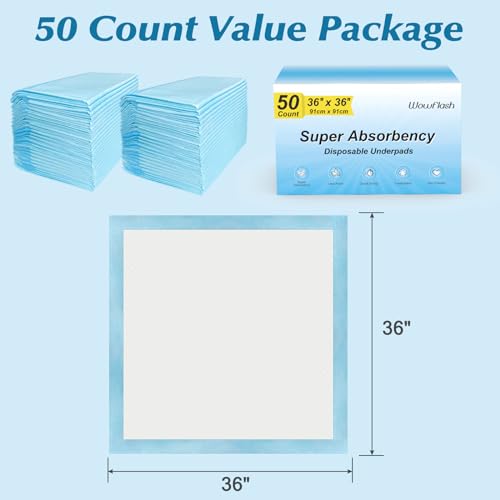 50 Count 36" x 36" Super Absorbency Disposable Underpads - Leakproof Quick Drying Pads for Baby, Puppy & Adult - view 8
