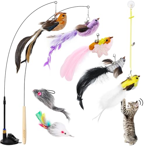 Soarer 3-in-1 Flying Bird Cat Toys - 7Pcs Wooden Cats Wand Toy Fishing Pole Cat Bird Toys Replacements,Interac