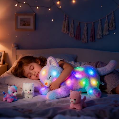 Hopearl LED Plush Cat Lighting Up Stuffed Mommy Cat with 3 Baby Kittens in her Tummy Stuffed Animal Playset Ni - view 3