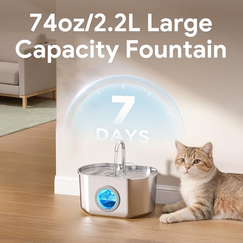 Cat Water Fountain Stainless Steel: 73oz/2.2L Cat Fountain for Drinking- Pet Water Fountain Inside - Automatic - view 6