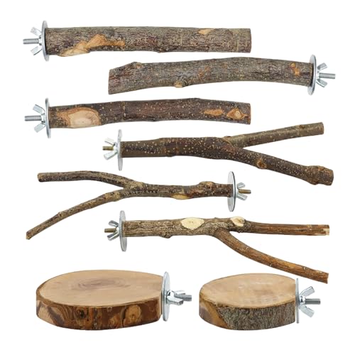 8-Piece Set Natural Wood Bird Perches - Wooden Parrot Stand with Fork Toys, Hanging Multi-Branch Platform, Ham - view 2