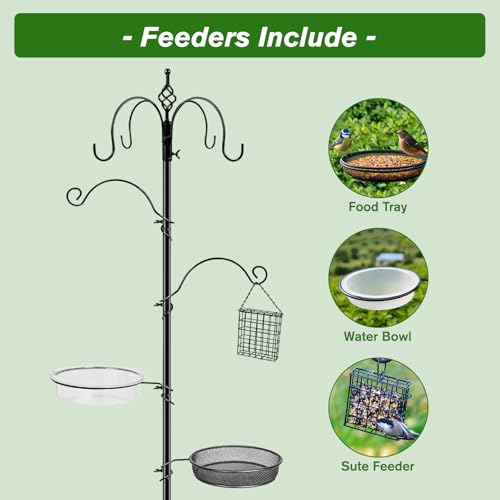 Bird Feeding Station, 90.55in 6-Hook Wild Bird Feeder Stand Pole with Water & Mesh Tray Humming Bird Feeders f - view 3