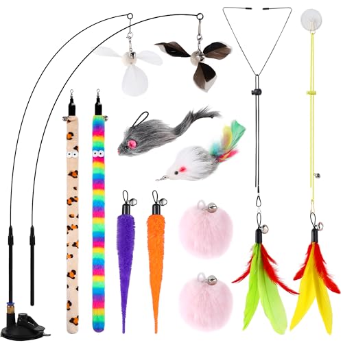 Soarer 4-in-1 Interactive Cat Feather Toys,12Pcs Durable Fishing Pole Cats Feathers Toy Replacements,Enhanced  - view 2