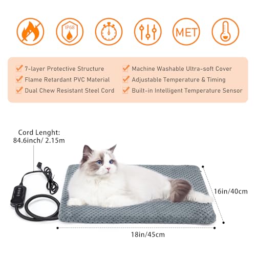 INVENHO Heated Cat Bed, Waterproof Adjustable Temperature Dog Cat Heating Pad with Timer, Indoor Pet Heating P - view 6