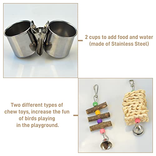Natural Wood Bird Toys Playground, Bird Cage Accessories, Bird Perches, with Removable Tray and 2 Stainless St - view 5