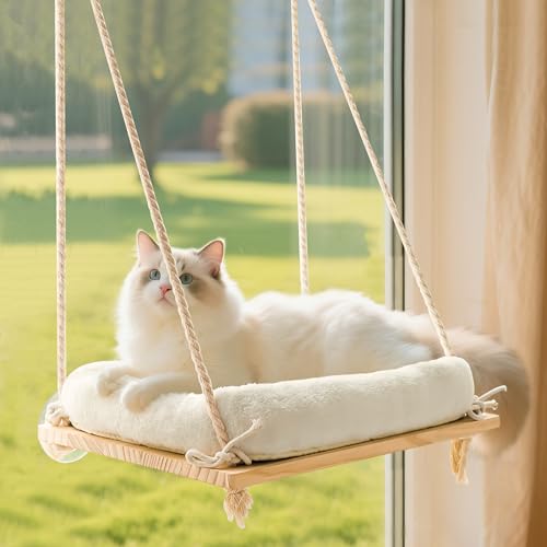 Cat Window Perch, Rustic Cat Hammock Bed with Solid Wood Seat 4 Heavy Duty Suction Cups, Plush Cushion, Indoor - view 2