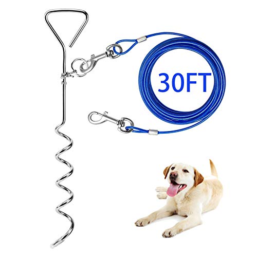 Dog Tie Out Cable and Anti Rust Spiral Stake , 30ft Outside Leash&Chain for Camping and Yard, 16'' Heavy Duty  - view 2