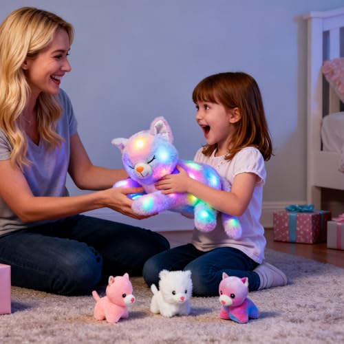 Hopearl LED Plush Cat Lighting Up Stuffed Mommy Cat with 3 Baby Kittens in her Tummy Stuffed Animal Playset Ni - view 4