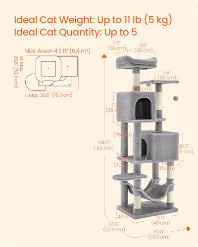 Feandrea Cat Tree, 59.5-Inch Tall Cat Tower, Plush Multi-Level Condo with 5 Scratching Posts, 2 Perches, 2 Cav - view 6