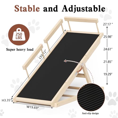 Dog Ramp for High Bed, Couch, Car, Pet Ramps 55.12" Long Adjustable 19.3"-27.17" Wooden Dog Step with Anti-sli - view 4