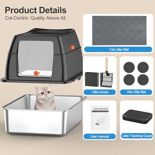 Stainless Steel Litter Box with Lid,Front Entry Top Exit Kitty LitterBox,Extra Large Enclosed Metal Cat Box wi - view 7
