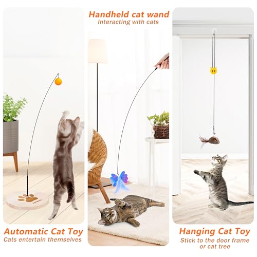 JXFUKAL Interactive cat Toy, Automatic Cat Wand Toy with Stable Wooden Base, 2 PCS Detachable Cat Teaser, 5PCS - view 5