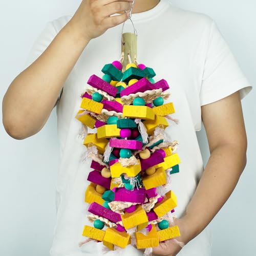 Large Bird Toys, Multi-Color Wooden Block with Bamboo Support Bird Chewing Toy Parrot Cage Bite Toy for Macaws - view 7