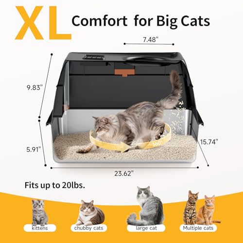 Extra Large Stainless Steel Litter Box with Lid, High Sided Enclosed Metal Cat Litter Pan, Dog Proof Front Ent - view 5