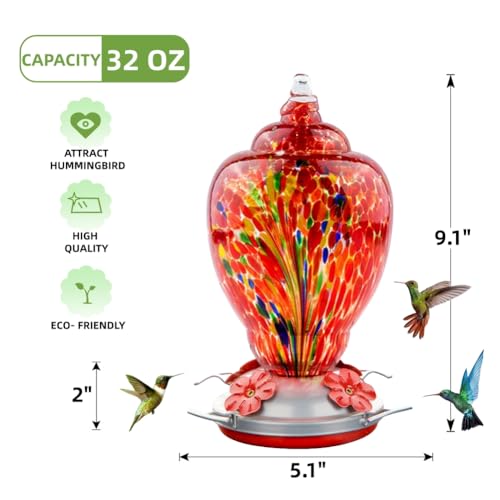 WOSIBO Hummingbird Feeder for Outdoors Patio Large 32 Ounces Colorful Hand Blown Glass Hummingbird Feeder with - view 3