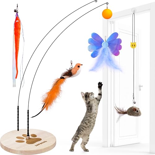 JXFUKAL Interactive cat Toy, Automatic Cat Wand Toy with Stable Wooden Base, 2 PCS Detachable Cat Teaser, 5PCS - view 2