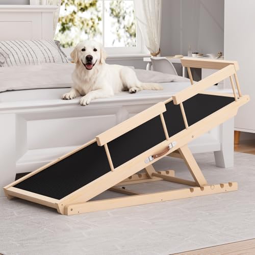 Dog Ramp for High Bed, Couch, Car, Pet Ramps 55.12" Long Adjustable 19.3"-27.17" Wooden Dog Step with Anti-sli - view 2