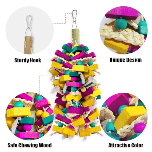 Large Bird Toys, Multi-Color Wooden Block with Bamboo Support Bird Chewing Toy Parrot Cage Bite Toy for Macaws - view 4