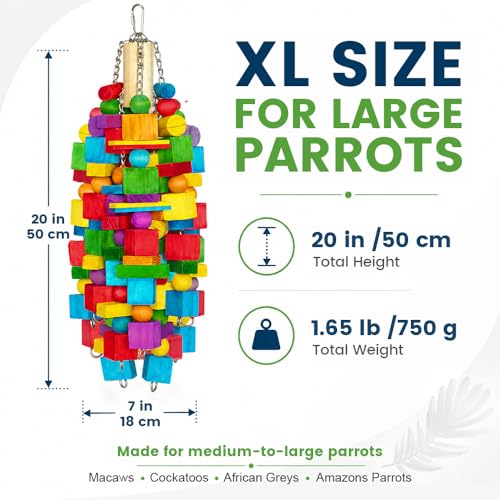 Large Bird Toy, 20 in XL Parrot Toys Natural Wood Blocks Bird Chew Toy for Foraging, Stainless Steel Chain Han - view 4