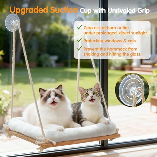 Cat Window Perch, Rustic Cat Hammock Bed with Solid Wood Seat 4 Heavy Duty Suction Cups, Plush Cushion, Indoor - view 4