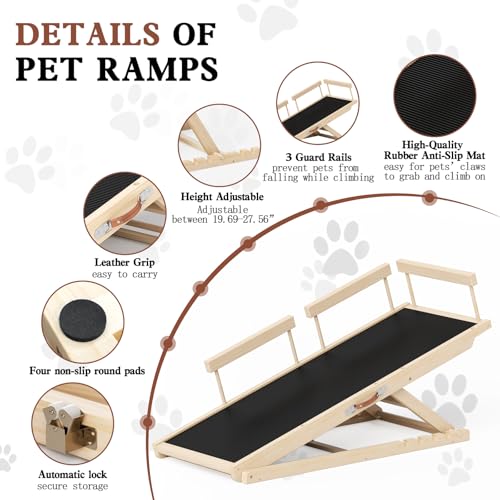 Dog Ramp for High Bed, Couch, Car, Pet Ramps 55.12" Long Adjustable 19.3"-27.17" Wooden Dog Step with Anti-sli - view 5