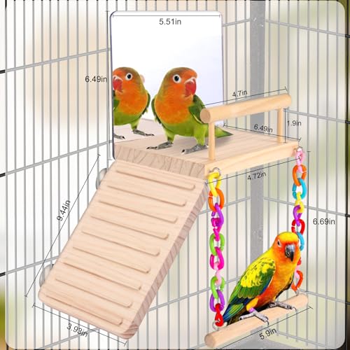 KyoukiBird Perch Platform Bird Toys with Bird Mirror Climbing Ladder Swing, Parakeet Cage Accessories - for Co - view 3