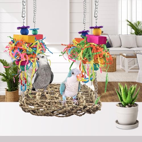 KATUMO Conure Toys, Bird Grass Swing Mat Parrot Climbing Hammock with Colorful Toys for Parakeet, Cockatiel, S - view 7