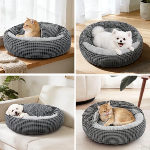 SIWA MARY Small Dog Bed with Attached Blanket, Cozy Donut Cuddler Anti-Anxiety Hooded Pet Beds Calming Cave Be - view 7