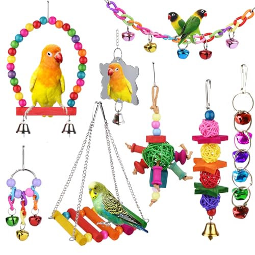 8 Pcs Parakeet Cockatiel Bird Toys, Parrots Cage Accessories Swing Wooden Perch Chewing Toy for Budgerigar, Co - view 2