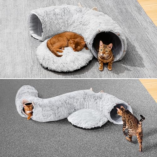 Cat Tunnel with Cat Bed for Indoor Cats, Under Christmas Tree Soft Plush Peekaboo Cat Cave Donut Tunnel, Multi - view 4