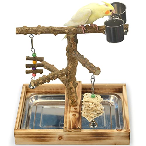 Natural Wood Bird Toys Playground, Bird Cage Accessories, Bird Perches, with Removable Tray and 2 Stainless St - view 2