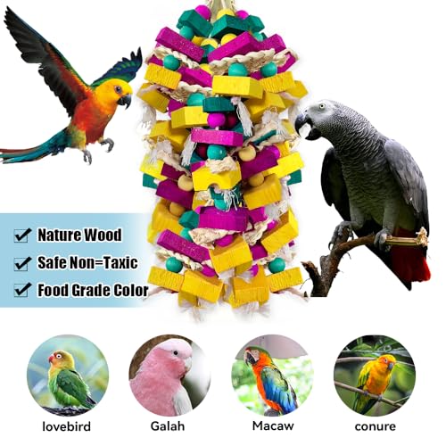 Large Bird Toys, Multi-Color Wooden Block with Bamboo Support Bird Chewing Toy Parrot Cage Bite Toy for Macaws - view 5