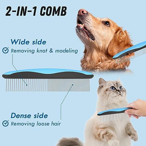 Docrok Pet Grooming Combo - Blue Deshedding Brush with Metal Comb for Detangling and Dematting Long, Matted Fu - view 4