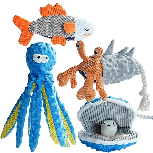 Nocciola 4 Packs Crinkle Squeaky Dog Toys for Aggressive Chewers, Tough Durable Stuffed Plush Rope Tug Puppy C - view 2