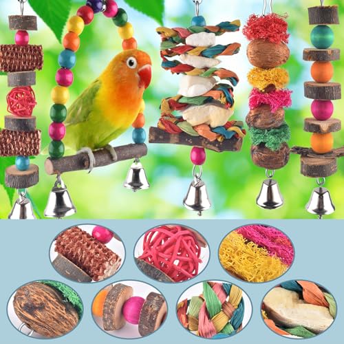 Bissap Bird Chew Toys, 7 Packs Parakeet Natural Wood Toys Parrot Hanging Cage Toy Perch Stand for Small Birds  - view 5