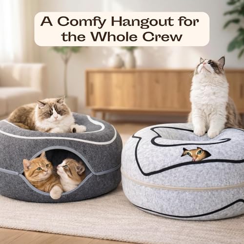 Peekaboo Cat Cave Donut - Cat Tunnel Bed for Indoor Cats – Cute Patterns Hideaway for Multiple & Large Cats, S - view 3