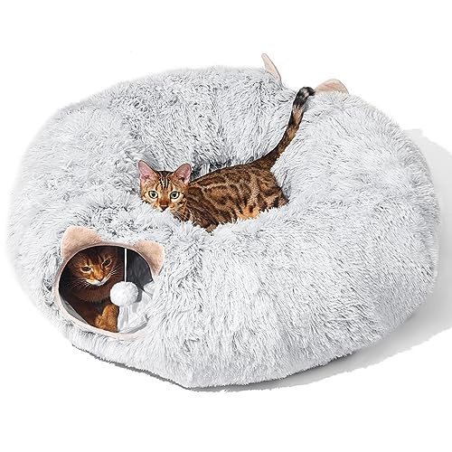 Cat Tunnel with Cat Bed for Indoor Cats, Under Christmas Tree Soft Plush Peekaboo Cat Cave Donut Tunnel, Multi - view 2