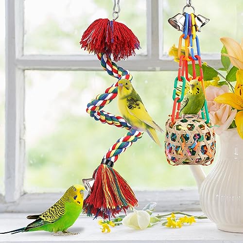 Bird Toys Rope Perch with Bell Colorful Bird Chewing Shredding Foraging Toys Parrot Swing Climbing Standing Ha - view 3