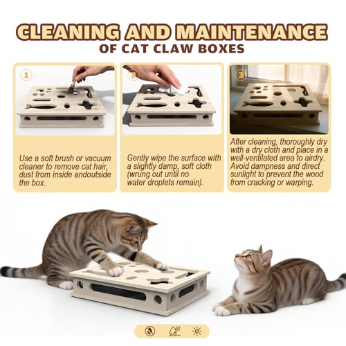 Cat Scratch Puzzle Enrichment Box, Large Solid Wood Construction Cat Nail File Enrichment Box with Sandpaper I - view 7