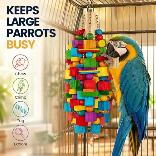 Large Bird Toy, 20 in XL Parrot Toys Natural Wood Blocks Bird Chew Toy for Foraging, Stainless Steel Chain Han - view 3