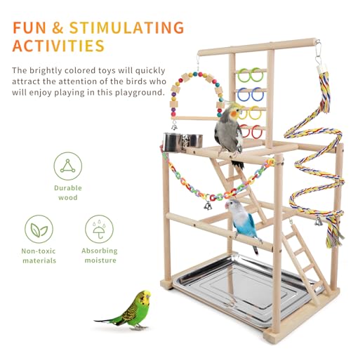Bird Playground, Parrots Playstand for Small to Medium Birds, Perch Stand with 3 Ladders Playgym with Rope Per - view 4