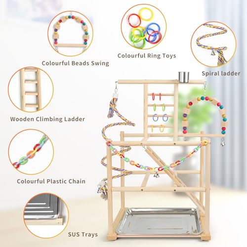 Bird Playground, Parrots Playstand for Small to Medium Birds, Perch Stand with 3 Ladders Playgym with Rope Per - view 3