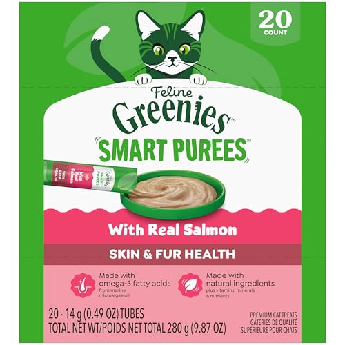 Greenies Feline Smart Purees Skin & Fur Health Lickable Cat Treats with Real Salmon, 0.49 oz. Tubes, 20 Count - view 2