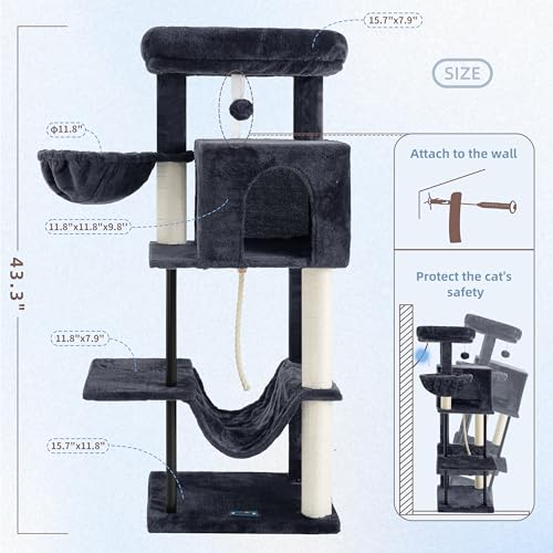 Gitelsnour Cat Tree, Cat Tower for Indoor Cats, 43.3 inch Cat Tree Tower with Sturdy Steel Tube, Hammock, Cat  - view 8
