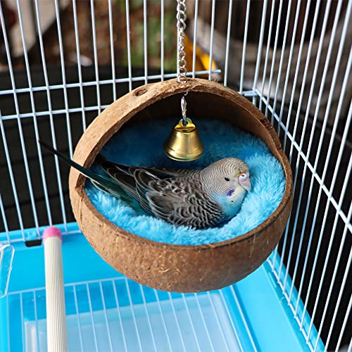 2 Pcs Natural Coconut Shell Bird Nest House Bed Breeding Nesting Anti-Pecking Bite with Warm Pad and Bell for  - view 3